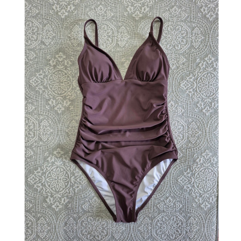 Cupshe Womens Ruched V-Neck One Piece Swimsuit Mauve Plum Purple ASL9035YC Small